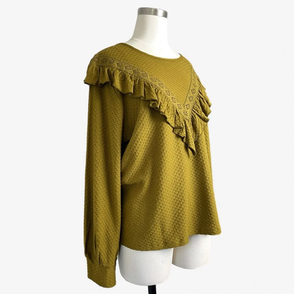 Jcrew NWT Olive green ruffle yoke honeycomb knit top prairecore boho western L